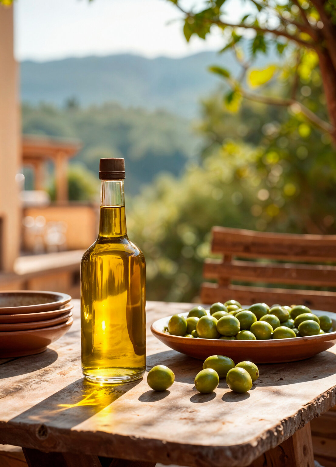 Flasche Olivenöl mit Olivenzweig